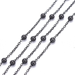 Electrophoresis Black 304 Stainless Steel Cable Chains, with304 Stainless Steel Beads, Soldered, with Spool, Electrophoresis Black, Link: 1.5x1.2x0.2mm, Beads: 3mm, about 32.8 Feet(10m)/roll