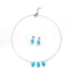 Deep Sky Blue 304 Stainless Steel Stud Earrings & Pendant Necklaces Jewelry Sets, with Plastic Beads, Deep Sky Blue, 15.55 inch(39.5cm), 8mm, Pin: 0.7mm