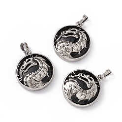 Obsidian Natural Obsidian Pendants, Flat Round Charms with Rack Plating Antique Silver Tone Brass Dragon, Cadmium Free & Lead Free, 32x28x7.5mm, Hole: 8.5x5mm