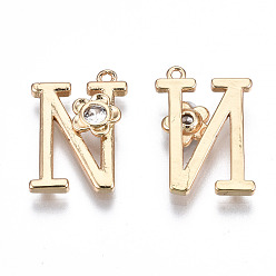 Letter N Brass Pendants, with Rhinestones, Alphabet, Golden, Letter.N, 17.5x12.5x2.5mm, Hole: 1mm