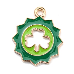 Jaune Vert Pendentifs en alliage d'émail de la saint-Patrick, or et de lumière, fleur avec breloque trèfle, jaune vert, 22x19x1.5mm, Trou: 2mm