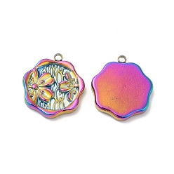 Rainbow Color 304 Stainless Steel Pendants, Hexagon with Flower Charm, Rainbow Color, 18x16x2.5mm, Hole: 1.6mm
