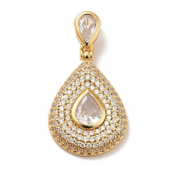 Clear Brass Micro Pave Cubic Zirconia Pendants, Long-Lasting Plated, Real 18K Gold Plated, Teardrop, Clear, 42mm, Hole: 8x4mm