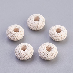 Blanc Perles européennes de pierre de lave naturelle, teint, Perles avec un grand trou   , plat rond, blanc, 15~16x8.5~9mm, Trou: 4~5mm