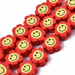 Crimson Handmade Polymer Clay Bead Strands, Flower with Smile, Crimson, 8~10x8~10x4~5mm, Hole: 1.2~1.6mm, about 38~40pcs/strand, 12.99 inch~15.94 inch(33~40.5cm)