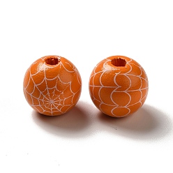 Orange Halloween Printed Spider Webs Colored Wood European Beads, Large Hole Beads, Round, Orange, 16mm, Hole: 4mm