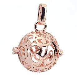 Or Rose Pendentifs cage cage laiton, pour faire des colliers à pendentif carillon, rond creux avec symbole om, or rose, 25x24x20.5mm, Trou: 3x7mm, mesure intérieure: 18 mm