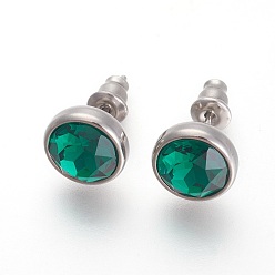Emerald 304 Stainless Steel Stud Earrings, with Rhinestone, Flat Round, Emerald, 10x6mm, Pin: 0.9mm