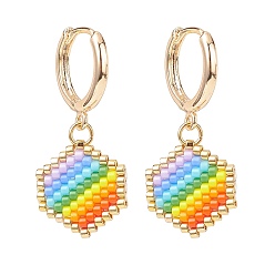 Colorful Rainbow Color Japanese Seed Braided Hexagon Dangle Hoop Earrings, Brass Jewelry for Women, Colorful, 32mm, Pin: 1mm