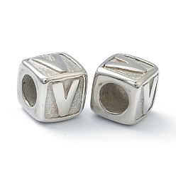 Letter V 304 Stainless Steel European Beads, Large Hole Beads, Horizontal Hole, Cube with Letter, Stainless Steel Color, Letter.V, 8x8x8mm, Hole: 4mm