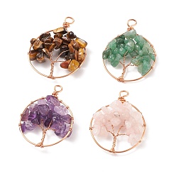 Mixed Color Natural Gemstone Chip Pendants, with Champagne Gold Tone Copper Wire Wrapped, Flat Round with Tree, Mixed Dyed and Undyed, Mixed Color, 46~50x36~40x8~10mm, Hole: 4.5mm