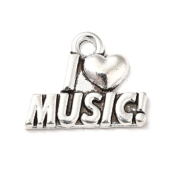 Antique Silver Tibetan Style Alloy Pendants, Word I Love Music Charms, Music Lover Charm, Antique Silver, 13x16x2mm, Hole: 1.5mm, about 833pcs/1000g