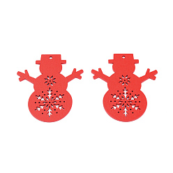 Red Christmas Theme Spray Painted Wood Big Pendants, Snowman Charm with Hollow Snowflake, Red, 67x59x2mm, Hole: 3mm