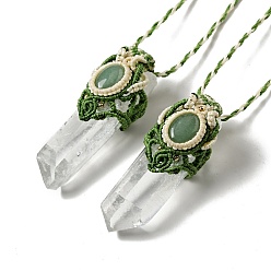 Green Aventurine Bullet Natural Quartz Crystal Pendant Necklaces for Women, Wax Cord Braided Green Aventurine Necklace, 29.13 inch(74cm)