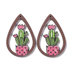 Pink Printed Wood Big Pendants, Teardrop with Cactus Charms, Pink, 56x37x2.5mm, Hole: 1.5mm