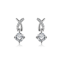 Real Platinum Plated Rhodium Plated 925 Sterling Silver Micro Pave Cubic Zirconia Ear Studs, Dangle Earrings for Women, Letter X, with S925 Stamp, Real Platinum Plated, 14mm