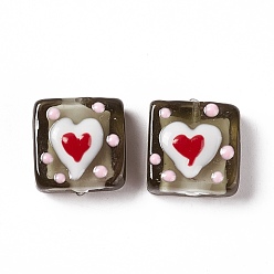 Coffee Handmade Lampwork Beads, Square with Heart Pattern, Coffee, 16x15x6mm, Hole: 1.8mm