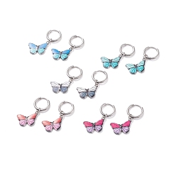 Mixed Color Two Tone Butterfly Dangle Hoop Earrings, Drop Earrings for Women, Stainless Steel Color, Mixed Color, 34mm, Pin: 1mm