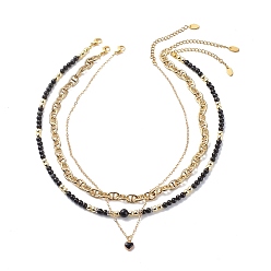 Golden 3Pcs 3 Style Natural Obsidian & Synthetic Hematite Beaded Necklaces Set, Alloy Enamel Heart Pendant Necklace, Brass Link Chain Jewelry for Women, Golden, 15.55~17 inch(39.5~43.2cm), 3Pcs/style