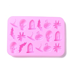 Pearl Pink Halloween Theme Tombstone/Skull/Bat Cake Decoration Food Grade Silicone Molds, Fondant Molds, for Chocolate, Candy, UV Resin & Epoxy Resin Craft Making, Pearl Pink, 125x182x14mm, Inner Diameter: 14~36x23~43mm