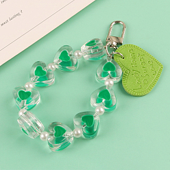 Vert Jaune Porte-clés pendentifs en similicuir, avec des perles en résine et les accessoires en alliage, coeur avec le mot, vert jaune, cœur: 3x3.8 cm