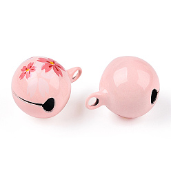 Pink Baking Painted Brass Bell Pendants, Ball with Sakura, Pink, 23x18x18mm, Hole: 2.5mm