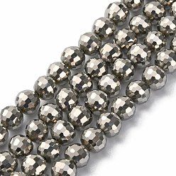 Platinum Plated Electroplate Glass Beads Strands, Full Plated, Faceted, Round, Platinum Plated, 6mm, Hole: 1mm, about 100pcs/strand, 21 inch