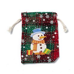 Bonhomme de neige Sacs de jute rectangulaires sur le thème de Noël avec cordon de jute, tartan pochettes, pour emballage cadeau, rouge, bonhomme de neige, 13.8~14x9.7~10.3x0.07~0.4 cm