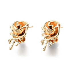 Real 18K Gold Plated Brass Rose Stud Earrings for Women, Nickel Free, Real 18K Gold Plated, 18x12mm, Pin: 0.7mm
