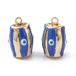Bleu Laiton émail pendentifs, réel 18 k plaqué or, tonneau avec le charme du mauvais œil, bleu, 25x16.5x16mm, Trou: 2.2mm
