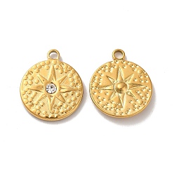 Golden Ion Plating(IP) 304 Stainless Steel Pendants, with Crystal Rhinestone, Flat Round with Star Charms, Golden, 21.5x18x3mm, Hole: 2mm