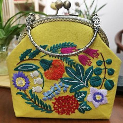 Yellow DIY Kiss Lock Coin Purse Embroidery Kit, Including Embroidered Fabric, Embroidery Needles & Thread, Metal Purse Handle, Flower Pattern, Yellow, 210x165x40mm