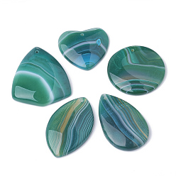 Teal Dyed Natural Striped Agate/Banded Agate Pendants, Mixed Shape, Teal, 36~54x32~41x5~7mm, Hole: 2mm