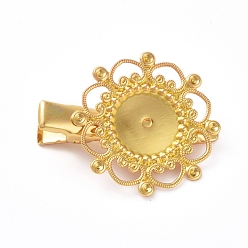 Golden Hair Accessories Iron Alligator Hair Clip Findings, with Brass Filigree Flower Cabochon Bezel Settings, Long-Lasting Plated, Golden, Tray: 12mm, 34.5mm, Flower: 28mm