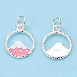 Pink 925 Sterling Silver Enamel Charms, with Jump Ring, Volcano, Pink, 13x11x1mm, Hole: 3mm
