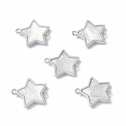 Platinum Brass Connector Charms, with Freshwater Shell, Nickel Free, Star Links, Platinum, 14.5x17x2.6mm, Hole: 1.2mm