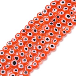 Rouge Orange Perles lampwork, perles au chalumeau, faits à la main, rond et plat avec des mauvais œil, rouge-orange, 4.5x2.5mm, Trou: 0.6mm, Environ 90~100 pcs/chapelet, 15.35''~15.75'' (39~40 cm)