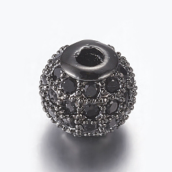 Black Brass Micro Pave Cubic Zirconia Beads, Round, Gunmetal, Black, 10mm, Hole: 2mm