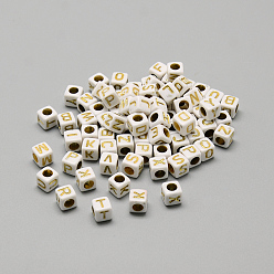 Letter Perles acryliques plaquées, métal doré enlaça, trou horizontal, mélange de lettres, cube, lettre, 5.5~6x5.5~6x5.5~6mm, Trou: 3.5mm, environ3000 pcs / 500 g