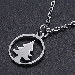 Stainless Steel Color Christmas Theme, 201 Stainless Steel Pendant Necklaces, with Cable Chains and Lobster Claw Clasps, Ring with Christmas Tree, Stainless Steel Color, 15.74 inch(40cm), 1.5mm