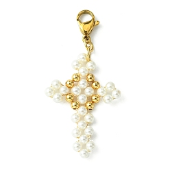 Cross Shell Pearl & Brass Beaded Pendant Decoration, with 304 Stainless Steel Lobster Claw Clasps, Cross, 50mm