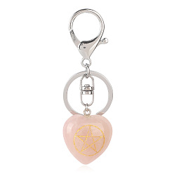 Quartz Rose Coeur de quartz rose naturel avec porte-clés symbole kore, Porte-clés en pierre d'énergie reiki, pour sac, bijoux, décoration cadeau, 9.5x3 cm