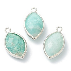 Amazonite Natural Amazonite Pendants, with Platinum Brass Edge, Faceted, Horse Eye, 22x12x5.5mm, Hole: 1.8mm