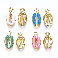 Mixed Color Alloy Enamel Pendants, Cowrie Shell Shape, Light Gold, Mixed Color, 17x8.5x3.5mm, Hole: 1.8mm