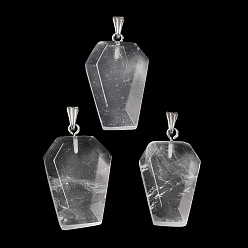 Cristal de Quartz Pendeloques de cristal de quartz naturel, Breloques hexagonales à facettes avec placage en crémaillère en acier inoxydable plaqué de couleur 201 attaches à clipser en acier inoxydable, sans cadmium et sans plomb, 33.5~36x19~21.5x7~8.5mm, Trou: 3x8mm