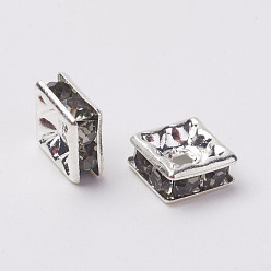 Diamant Noir Séparateurs perles en verre avec strass en laiton, Grade a, couleur argent plaqué, carrée, diamant noir, 6x6x3mm, Trou: 1mm