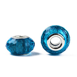 Deep Sky Blue Resin European Beads, Large Hole Beads, with Silver Color Plated Brass Cores, Faceted, Rondelle, Large Hole Beads, Deep Sky Blue, 13.5~14.5x9mm, Hole: 5mm