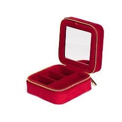 Roja Cajas con cremallera para almacenamiento de joyas de terciopelo cuadrado de 2 niveles con espejo en el interior, Estuche organizador de joyas de viaje portátil para anillos., Aretes, , almacenamiento de pulseras, rojo, 10x10x5 cm