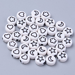 Black Opaque White Acrylic Beads, Flat Round with Black Star & Heart & Moon & Flower, 7x3.5mm, Hole: 1.5mm, about 3600~3700pcs/500g