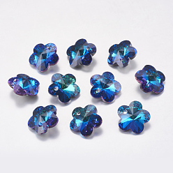 Bermuda Blue Faceted Glass Rhinestone Charms, Imitation Austrian Crystal, Flower, Bermuda Blue, 14x14x6mm, Hole: 1.5mm